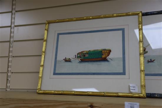Four 19th century Chinese gouaches on pith paper, depicting junks and watercraft, 20 x 32cm